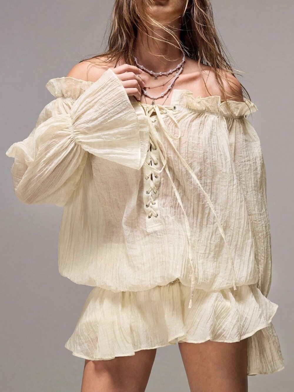 Beige Boho Women's Ruffle Chiffon Sexy Tie Front Sheer Blouse